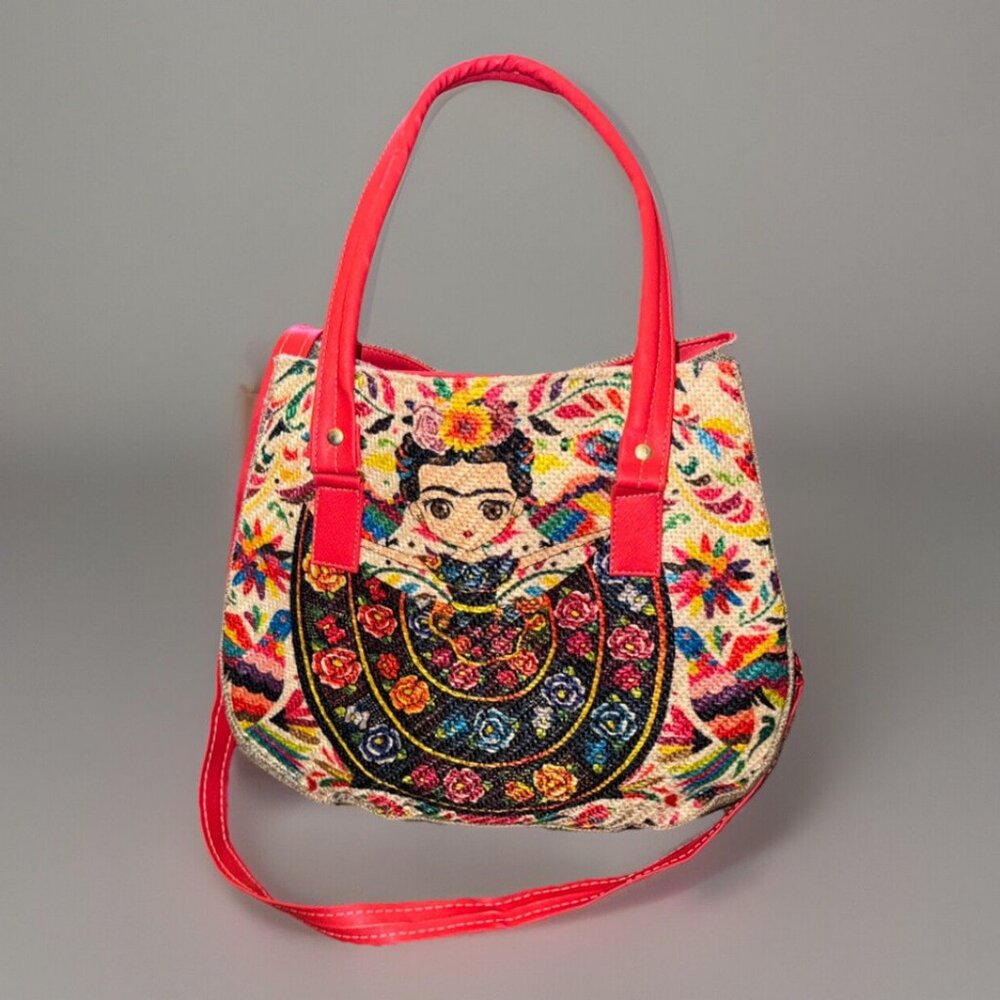 Frida Kahlo Artesanal Floral Boho Crossbody Shoulder Bag, Jute Handbag, Medium S
